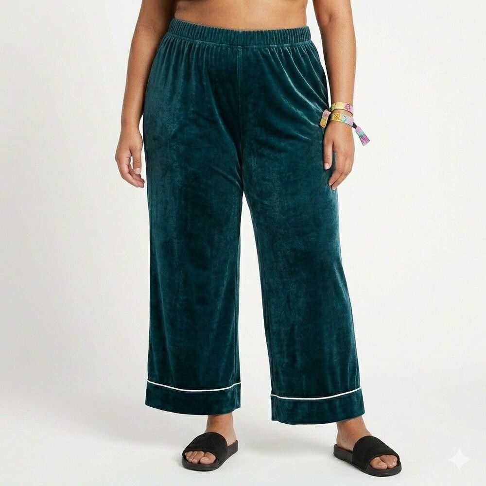XXL‎ Green Velvet Wide Leg Pants Boho Festival Velour Flare 2XL Coachella XXL